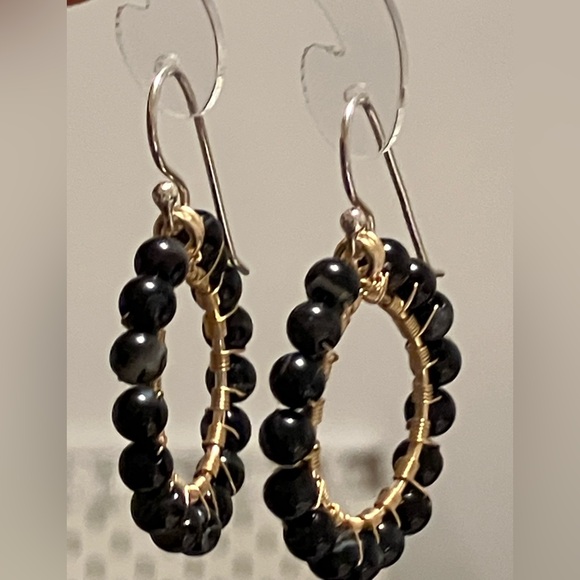 Hand Crafted Earrings Copper sterling silver Wrapped black stripe agate - Picture 5 of 6